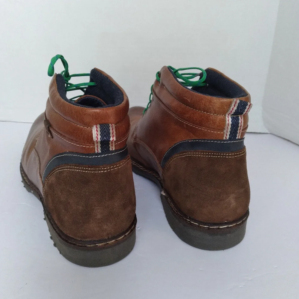 Mens‎ Brown Leather Lace Up Ankle Boots with Green Laces and Suede Heel Trim